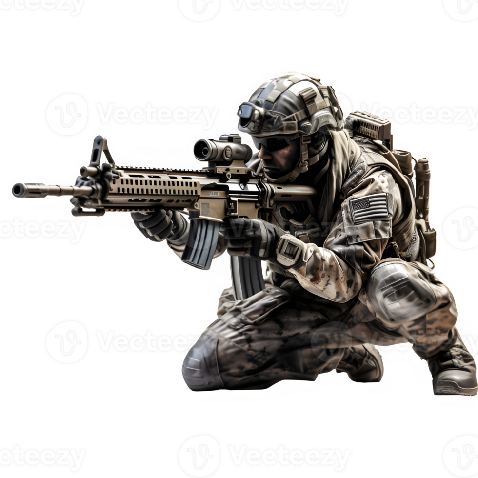 soldier aiming at targets using rifles ,soldiers posing half prone stalking target png ,generative ai