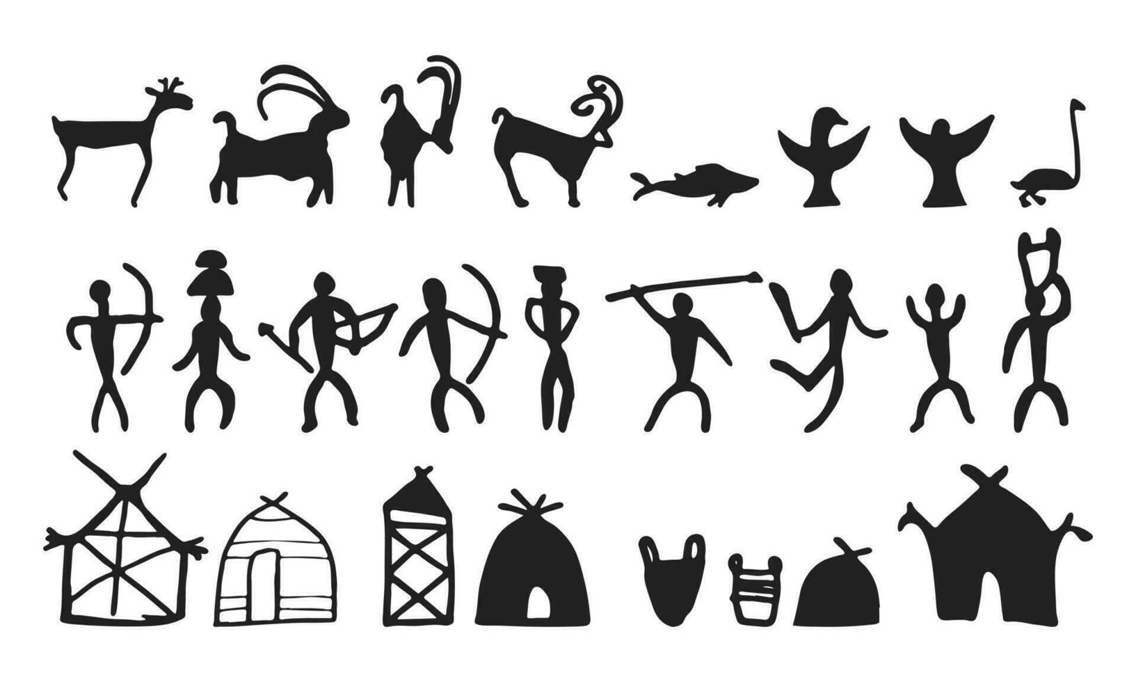 Cave painting prehistoric rock art hand drawn sketch style vector illustration set.