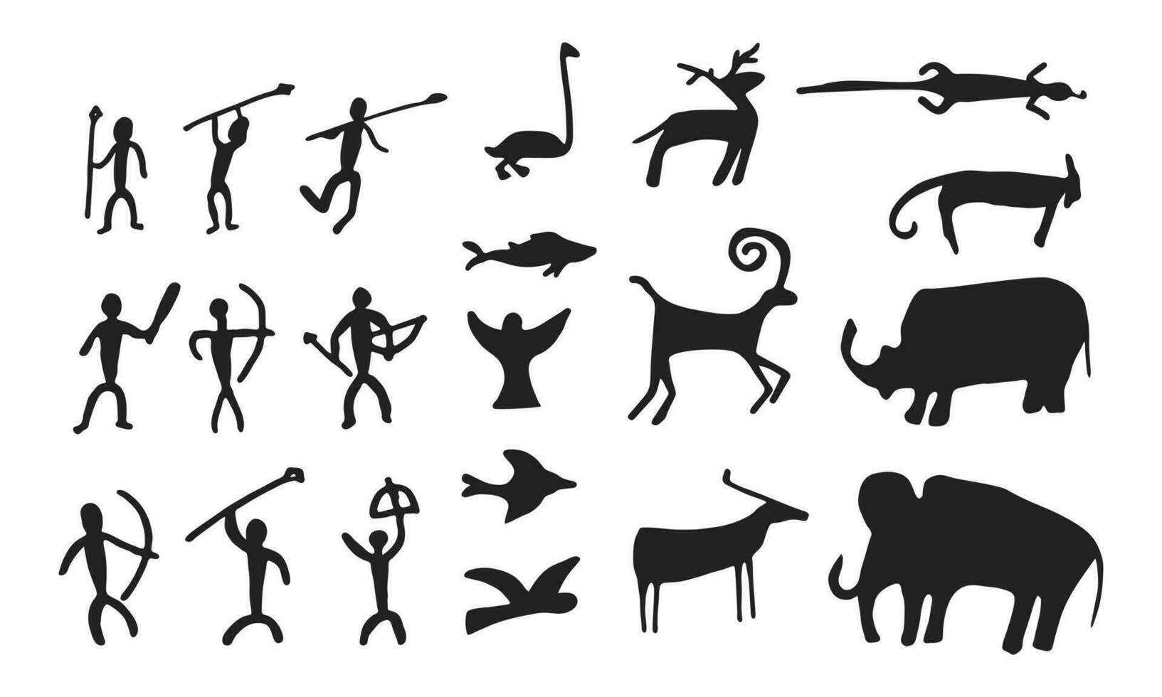 Cave painting prehistoric rock art hand drawn sketch style vector illustration set. 30740256