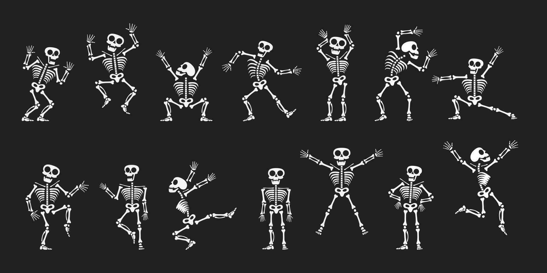 Skeletons dancing with different positions flat style design vector illustration set.