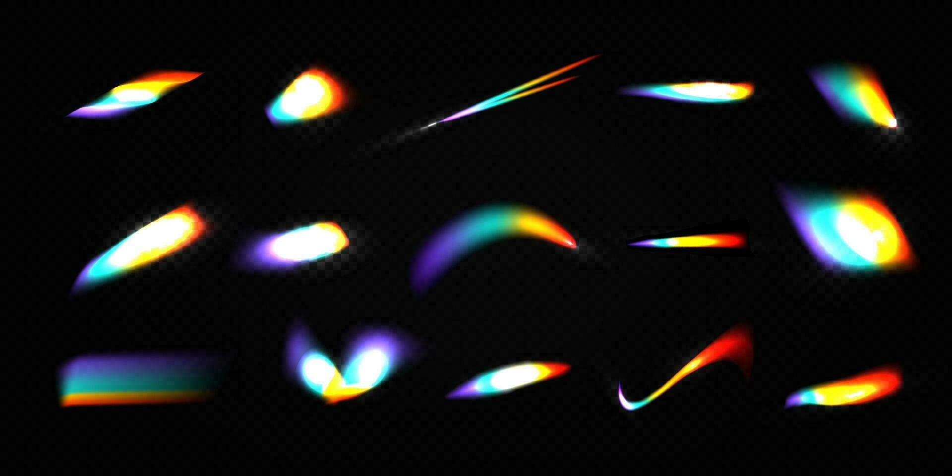 Crystal rainbow light leak flare reflection effect vector illustration set.