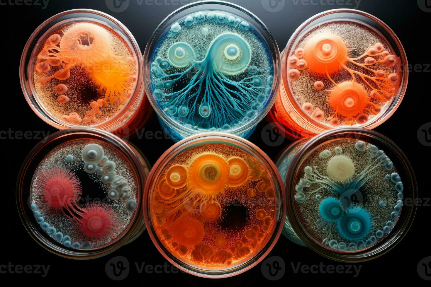 Microscopic marvels Detailed macro photographs of bacterial colonies in petri dishes photo