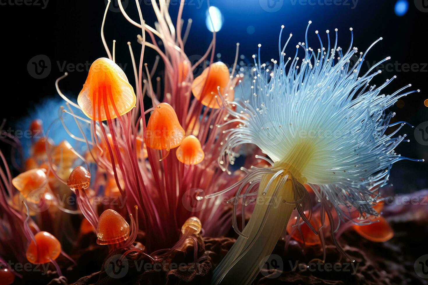 Intricate ultra magnified visualization of marine plankton species under microscope photo