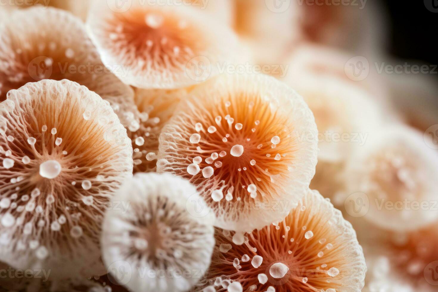 Extreme close up of fungal spores under microscope isolated on a white background photo