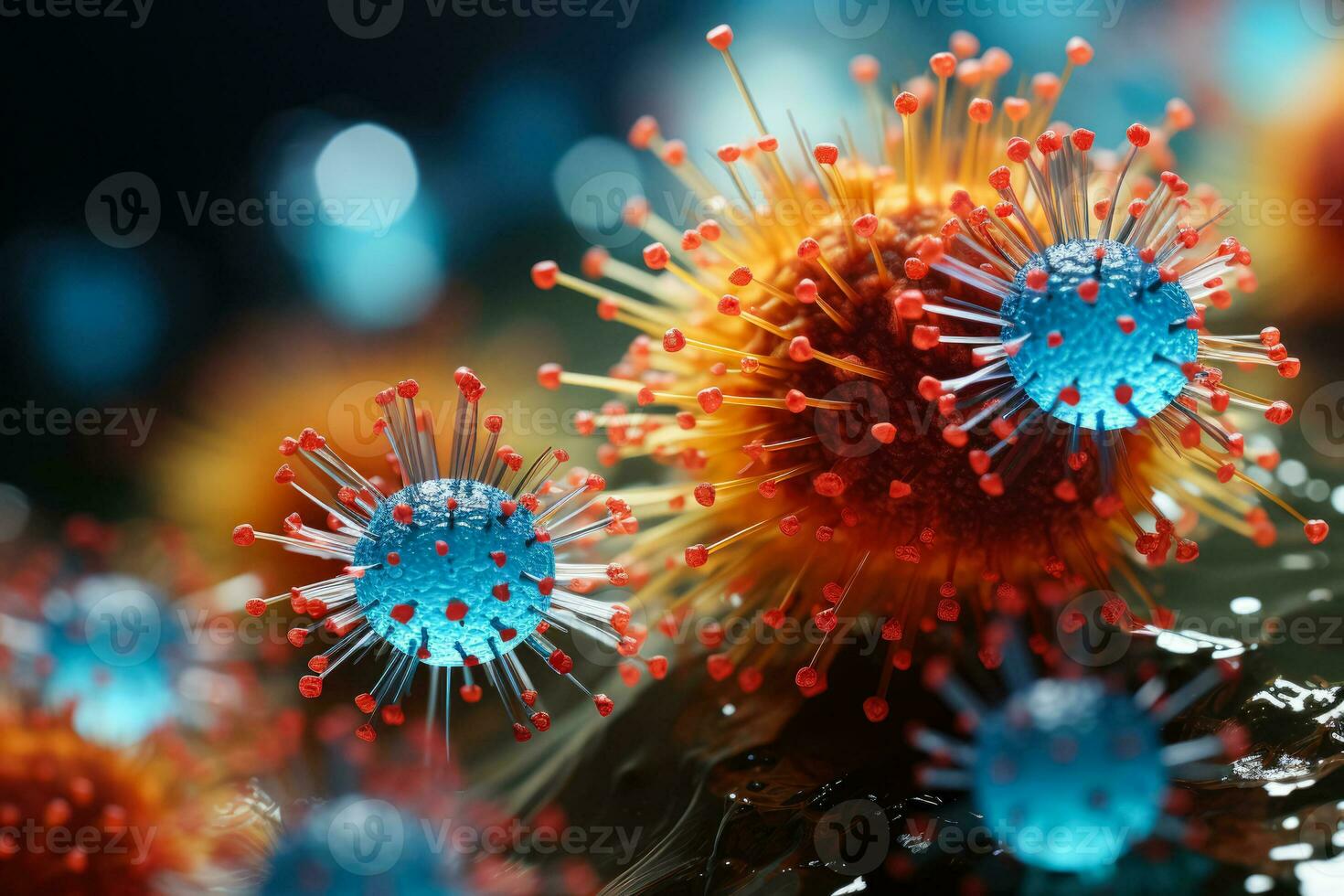 Pinpoint perceptions Highly detailed macro images of harmful viruses in clinical lab photo