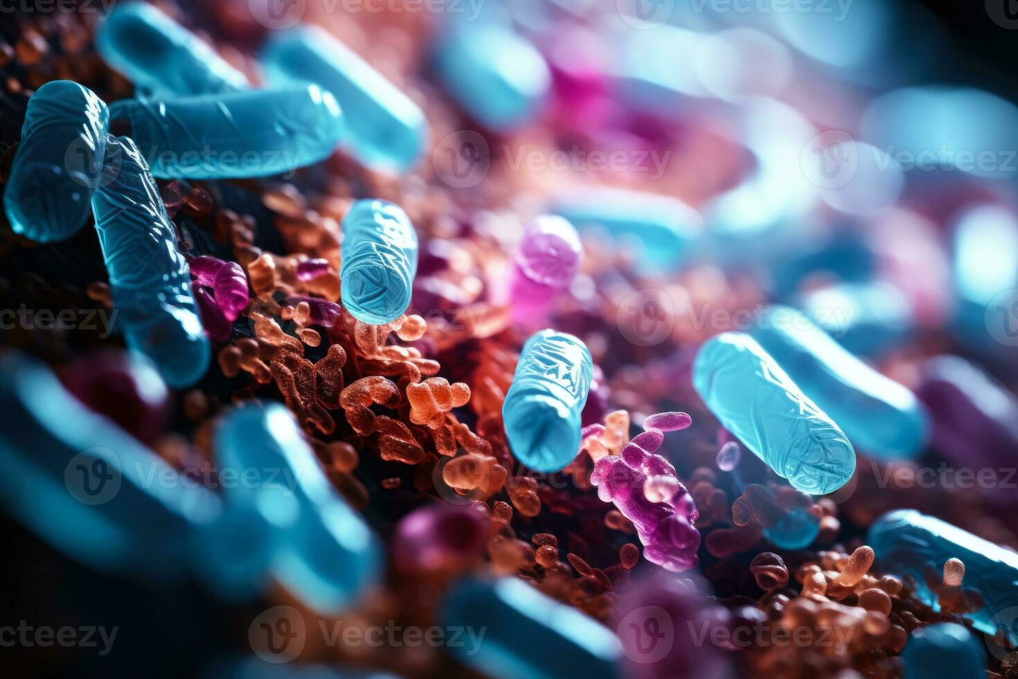 Ultra close macro view of probiotic bacteria teeming in the human gut photo