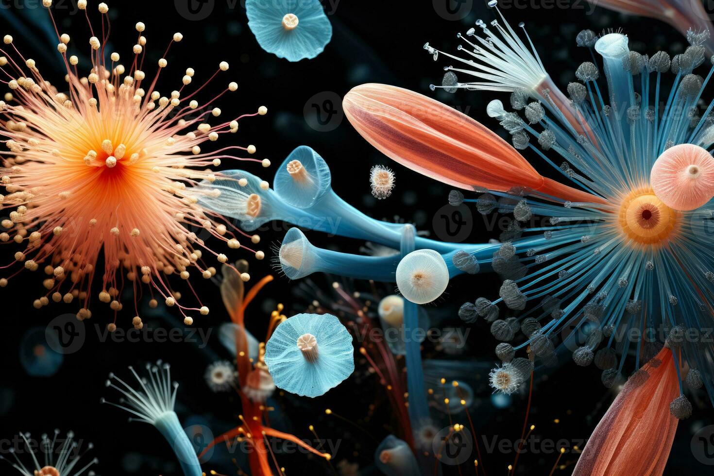 Intricate ultra magnified visualization of marine plankton species under microscope photo