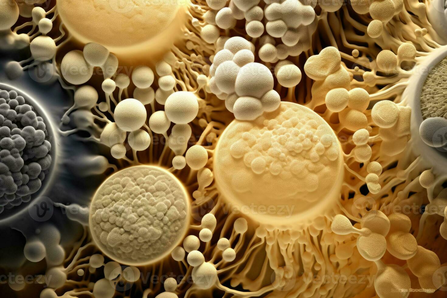 Highly magnified richly detailed macro images of yeast cells interplay photo