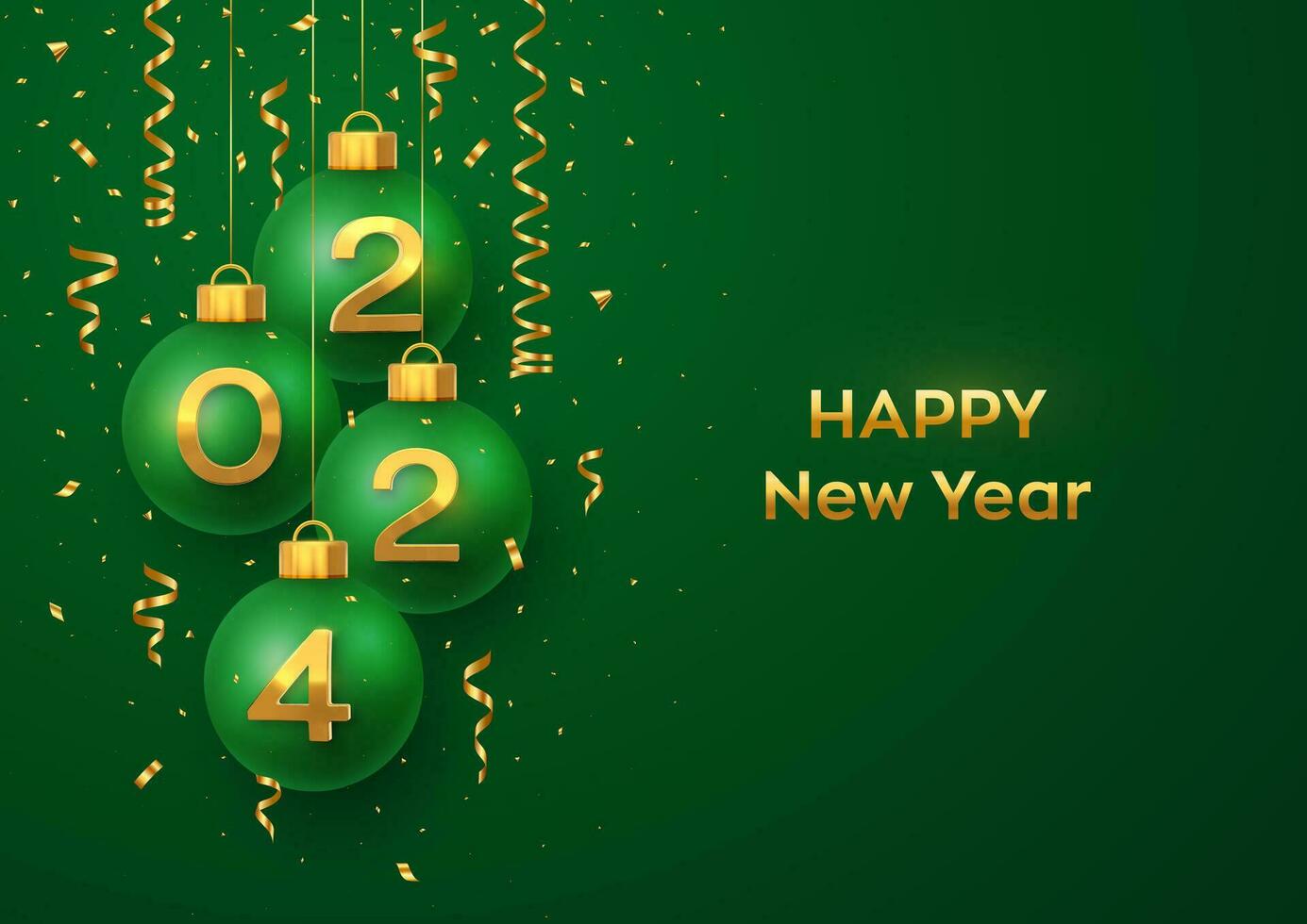 Happy New Year 2024. Hanging red Christmas bauble balls with realistic