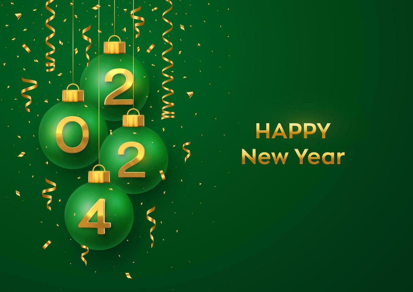 Happy New Year 2024. Hanging red Christmas bauble balls with realistic golden 3d numbers 2024. Golden snowflakes and 3D metallic stars on red background. Holiday banner, header. Vector Illustration