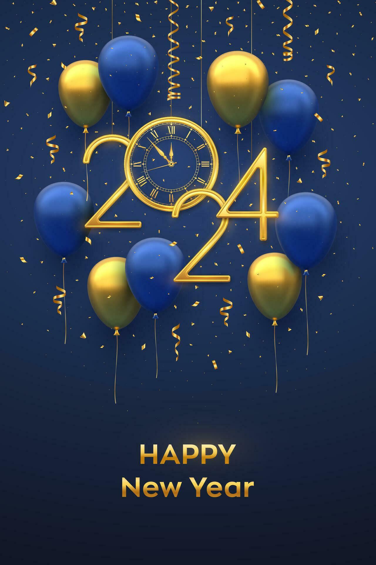 Happy New 2024 Year. Hanging Golden metallic numbers 2024, watch with
