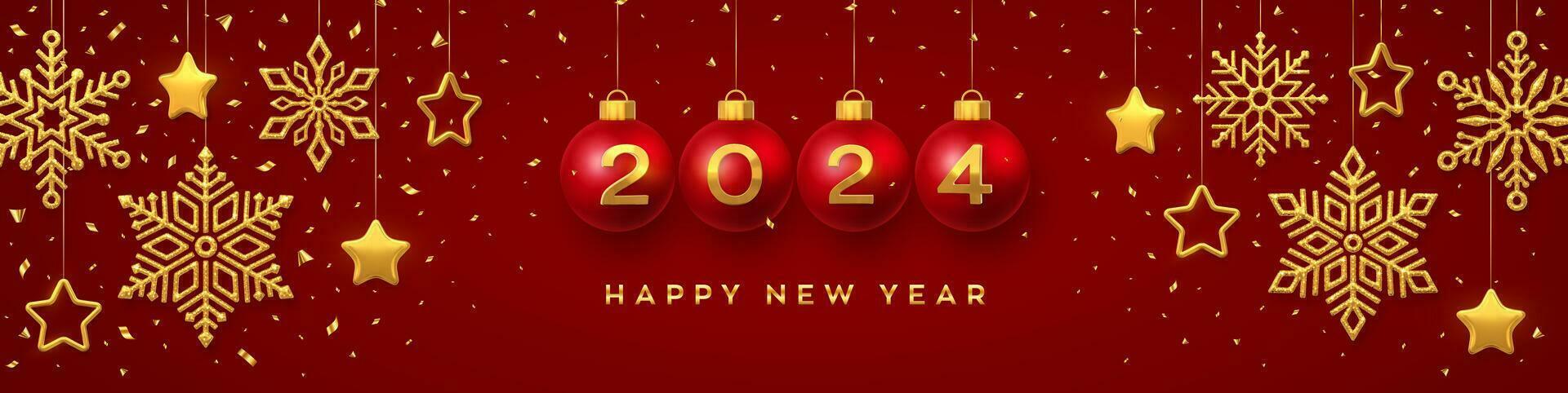 Happy New Year 2024. Hanging red Christmas bauble balls with realistic golden 3d numbers 2024. Golden snowflakes and 3D metallic stars on red background. Holiday banner, header. Vector Illustration