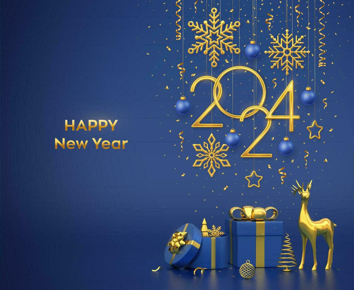 Happy New 2024 Year. Hanging golden metallic numbers 2024 with snowflakes, stars, balls on blue background. Gift boxes, gold deer and metallic pine or fir, cone shape spruce trees. Vector illustration