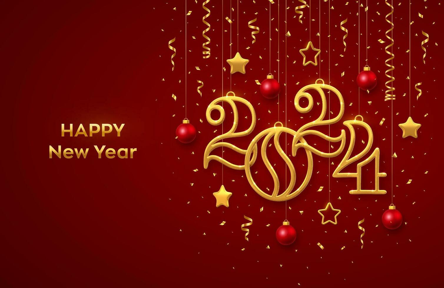 Happy New 2024 Year. Hanging Golden metallic numbers 2024 with shining 3D metallic stars, balls and confetti on red background. New Year greeting card, banner template. Realistic Vector illustration.