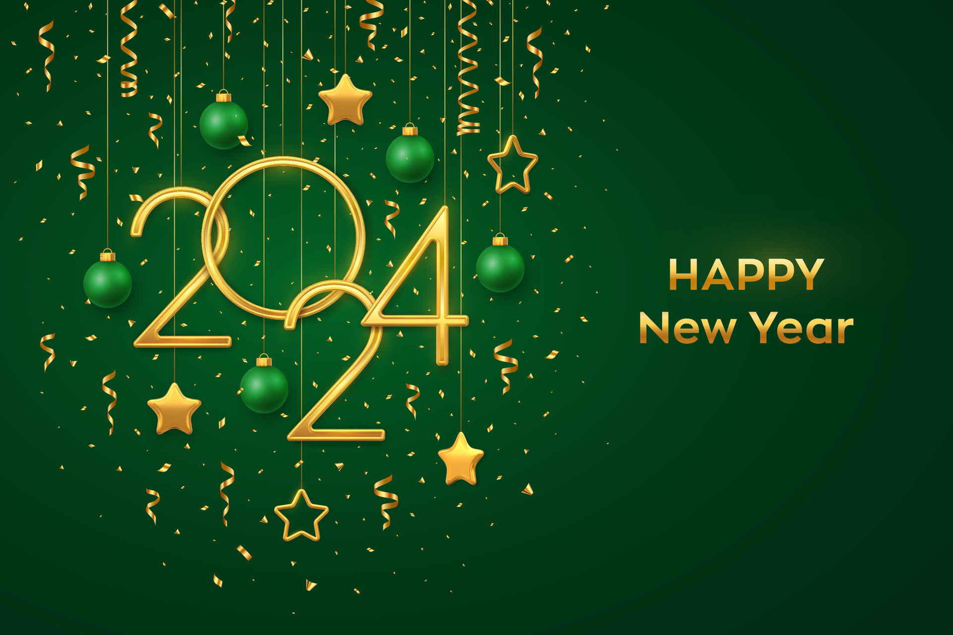 Happy New 2024 Year. Hanging Golden metallic numbers 2024 with shining