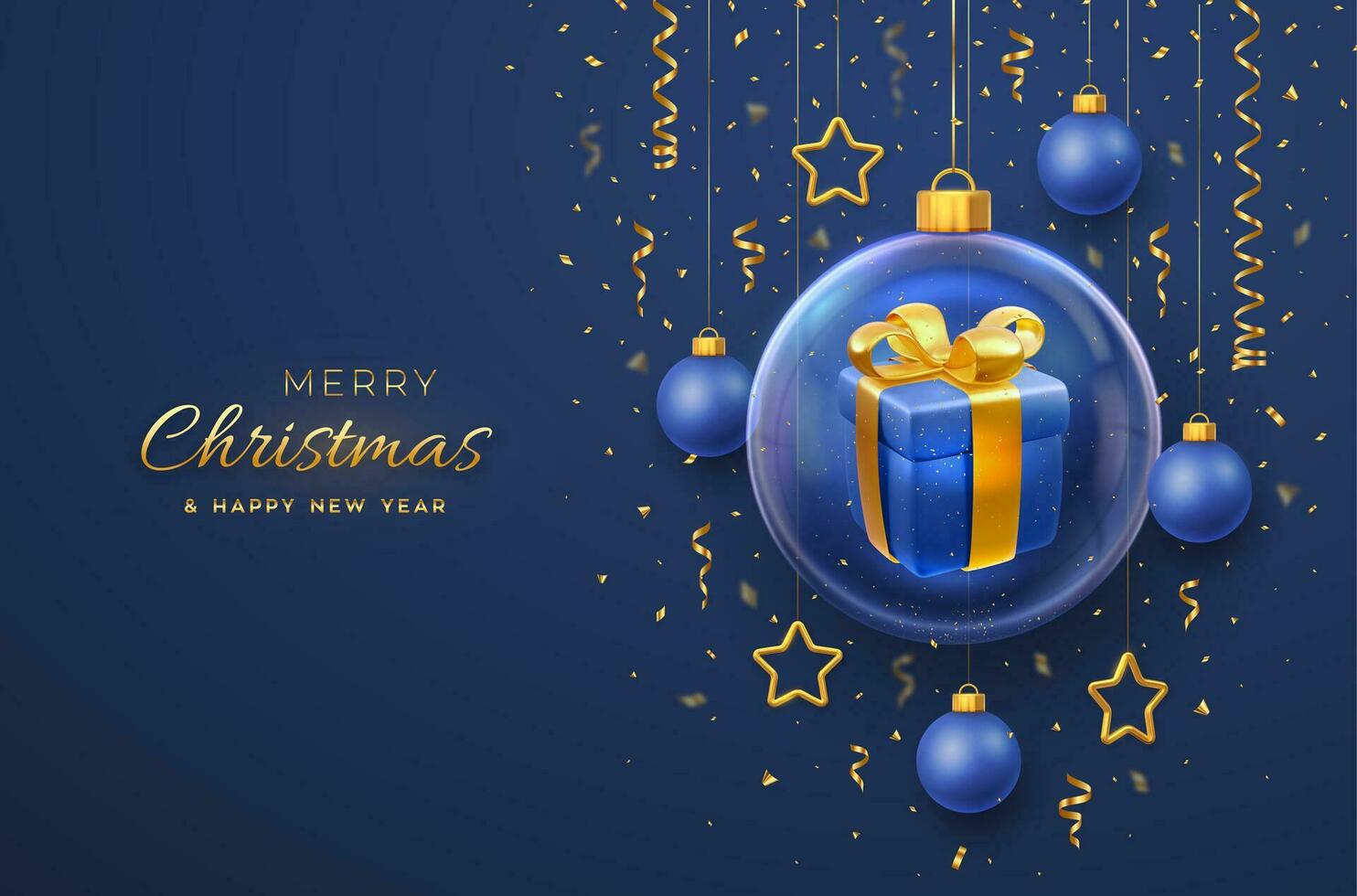 alegre Navidad saludo tarjeta. regalo caja con dorado arco en un vaso chuchería. Navidad azul antecedentes con colgando oro estrellas y pelotas. fiesta Navidad, nuevo año bandera, volantes. vector ilustración.