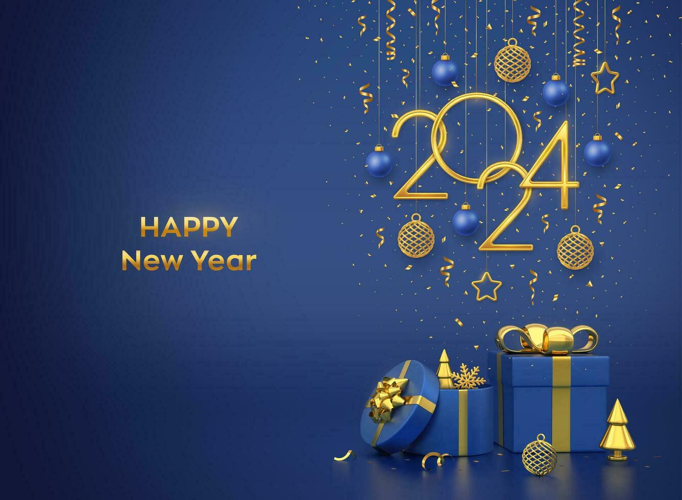 Happy New 2024 Year. Hanging golden metallic numbers 2024 with stars, balls and confetti on blue background. Gift boxes and golden metallic pine or fir, cone shape spruce trees. Vector illustration.