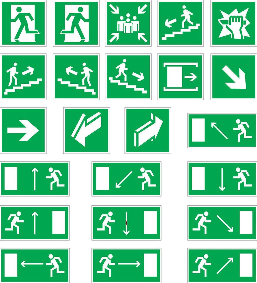 Vector set of signs for evacuation. Direction arrows where to run. Emergency exit. Evacuation in case of fire, earthquake, emergency.