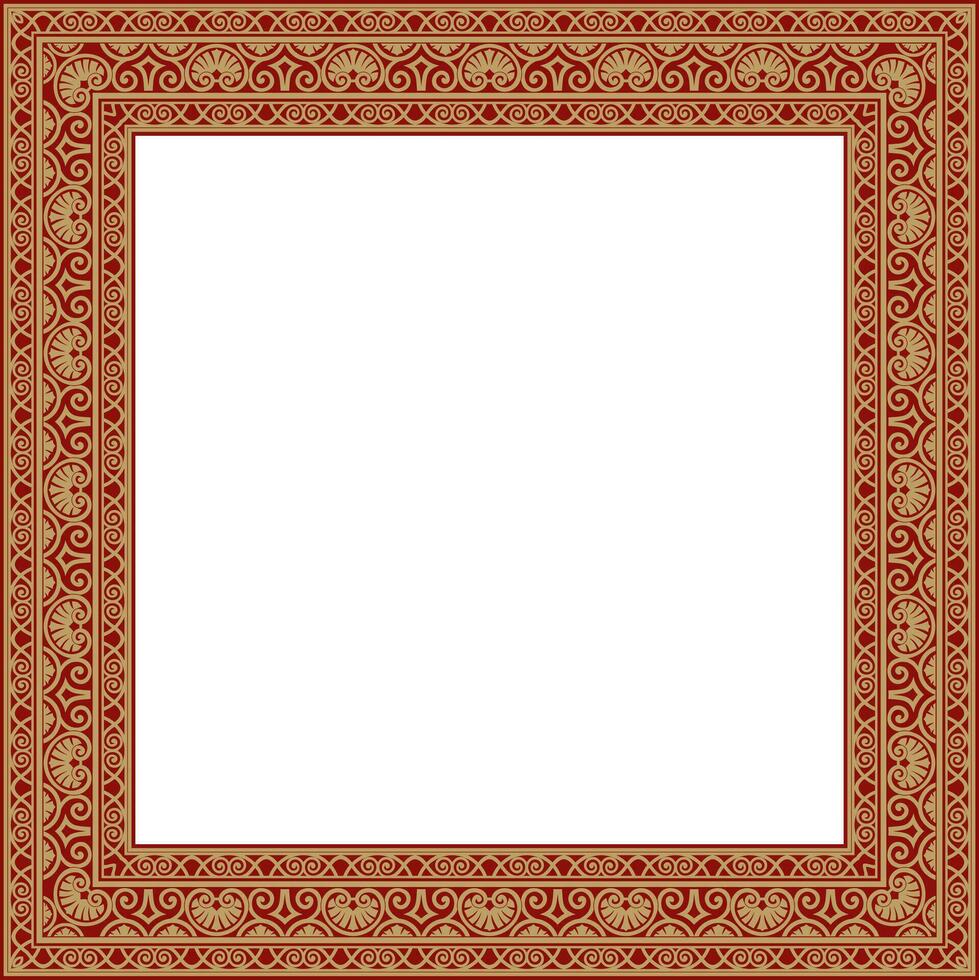 Vector gold and red square classic renaissance ornament. Endless european border, revival style frame