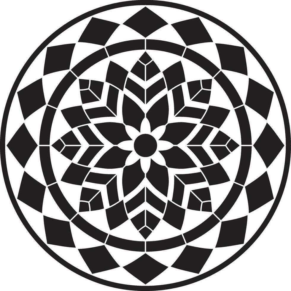 Vector black monochrome round pattern. Mosaic circle, geometric ornament. Sketchy flower