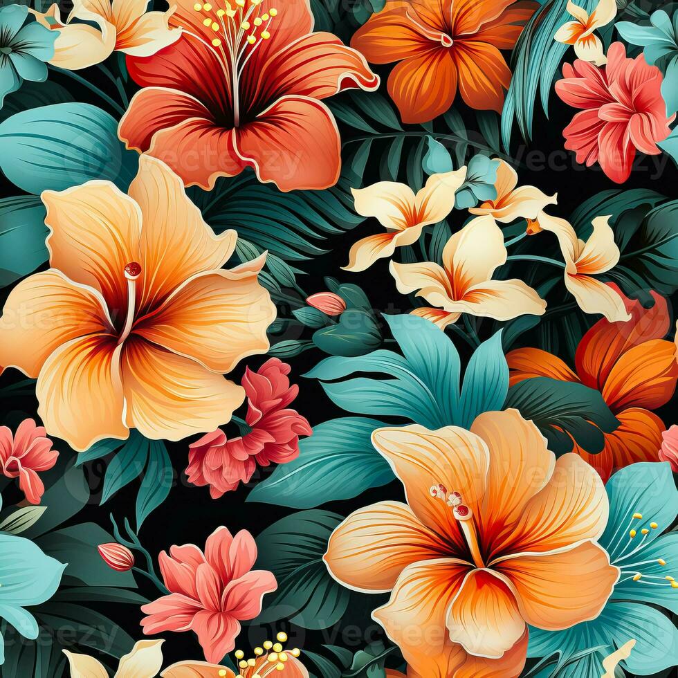 Vibrant Hawaiian floral fabric pattern background displaying authentic island aesthetics photo