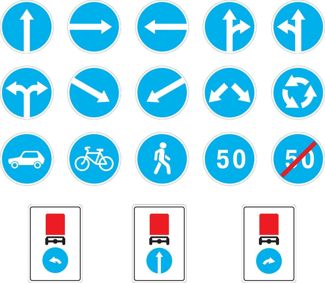 Vector road prescriptive signs. The direction of movement of vehicles with dangerous goods. Avoiding an obstacle. Minimum speed limitation