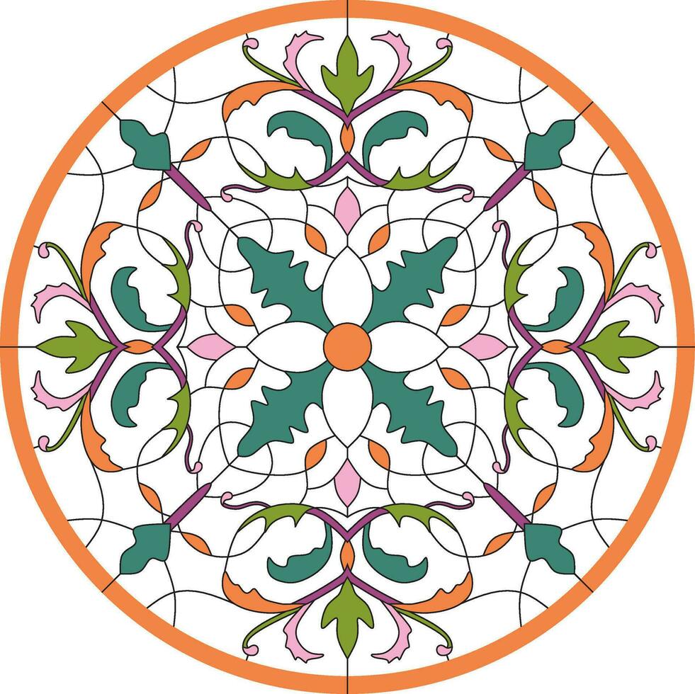Vector color template of round stained glass window. Floral ornament for a ceiling or a multi-colored glass window.