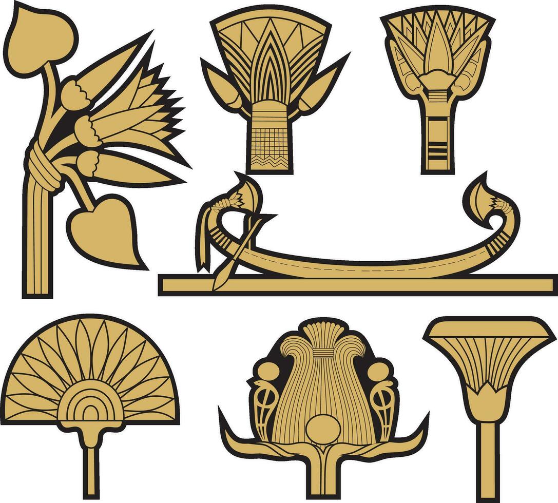 Vector gold and black set of ancient Egyptian signs and symbols. Lotus flower.