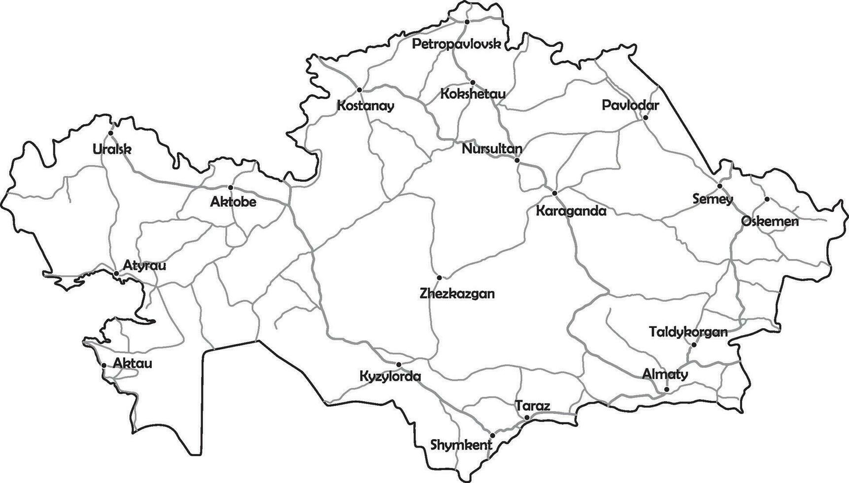 Vector outline map of Kazakhstan. Map with roads. Major cities of the country