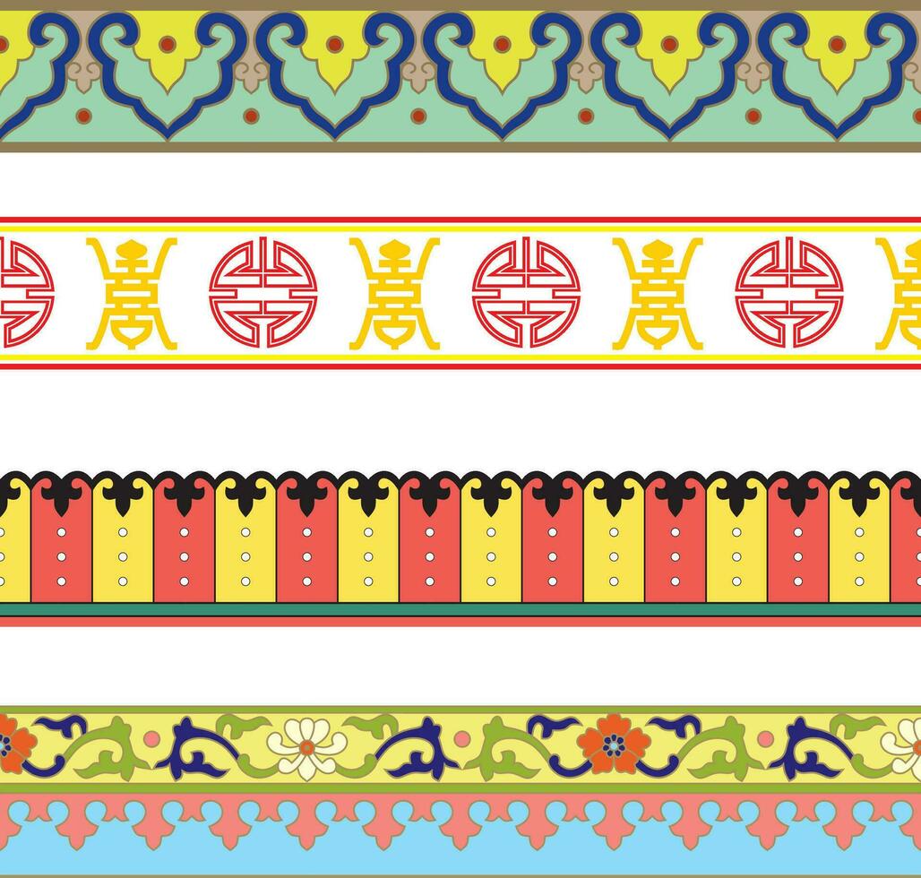 Vector set of Chinese national ornaments, borders. Asian seamless, endless pattern