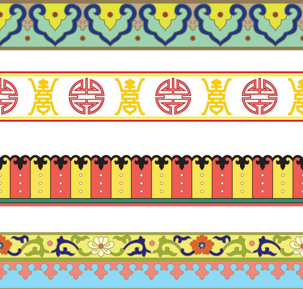 vector conjunto de chino nacional adornos, fronteras asiático sin costura, interminable modelo