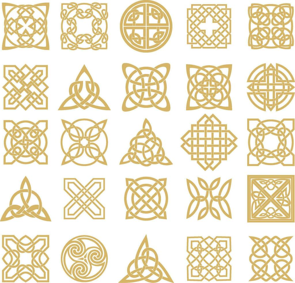 vector conjunto de dorado céltico nudos ornamento de antiguo europeo pueblos el firmar y símbolo de el irlandesa, escocés, británicos, francos