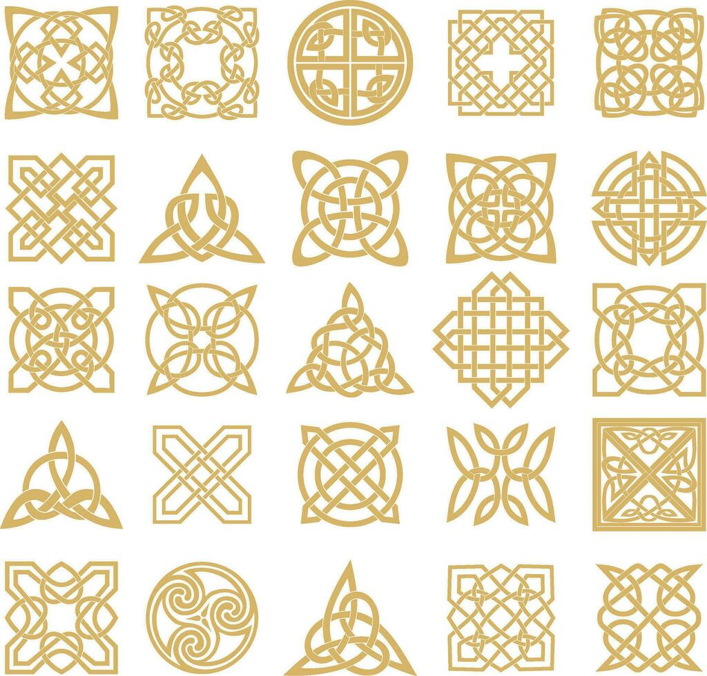 Vector set of golden celtic knots. Ornament of ancient European peoples. The sign and symbol of the Irish, Scots, Britons, Franks