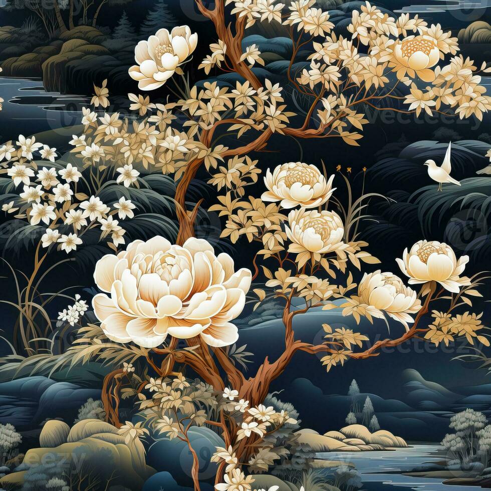 Charming Chinoiserie fabric pattern background highlighting opulence in Oriental designs photo