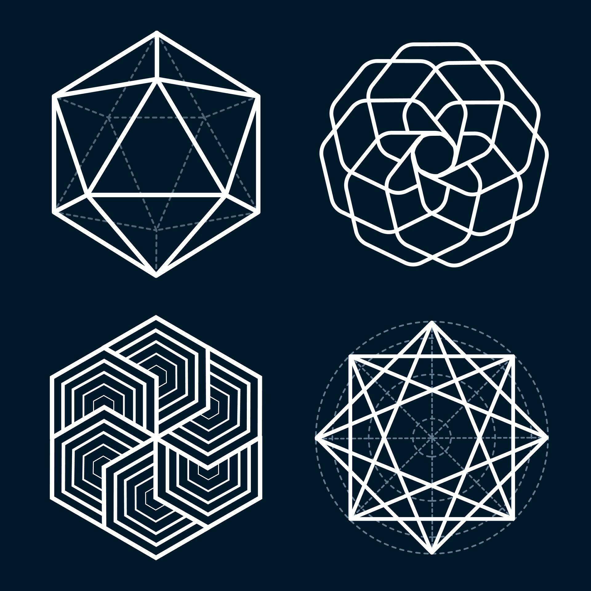 A set of four complex geometric shapes on a dark background 30741160 ...