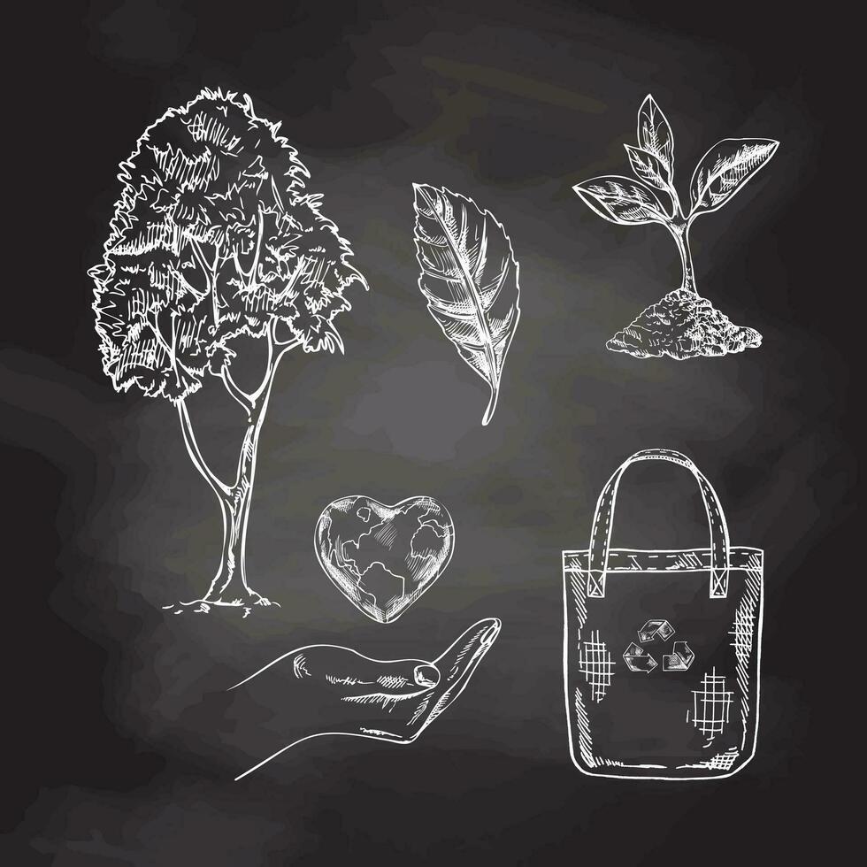 Hand-drawn sketch collection of eco bag, sprout, heart-shaped planet earth in empty open hand, tree on chalkboard background. Vector illustration. Doodle gardening element. Ecology.