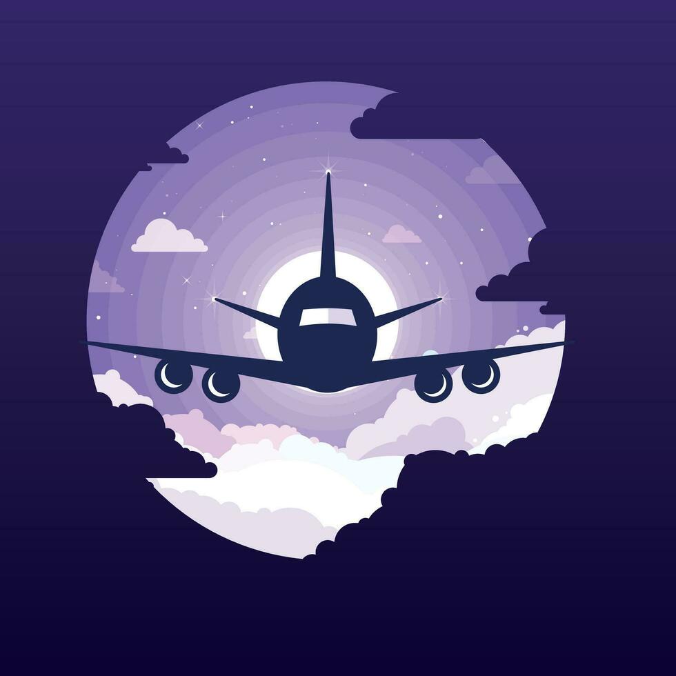 Illustration of an airplane flying in the sky in a round frame vector
