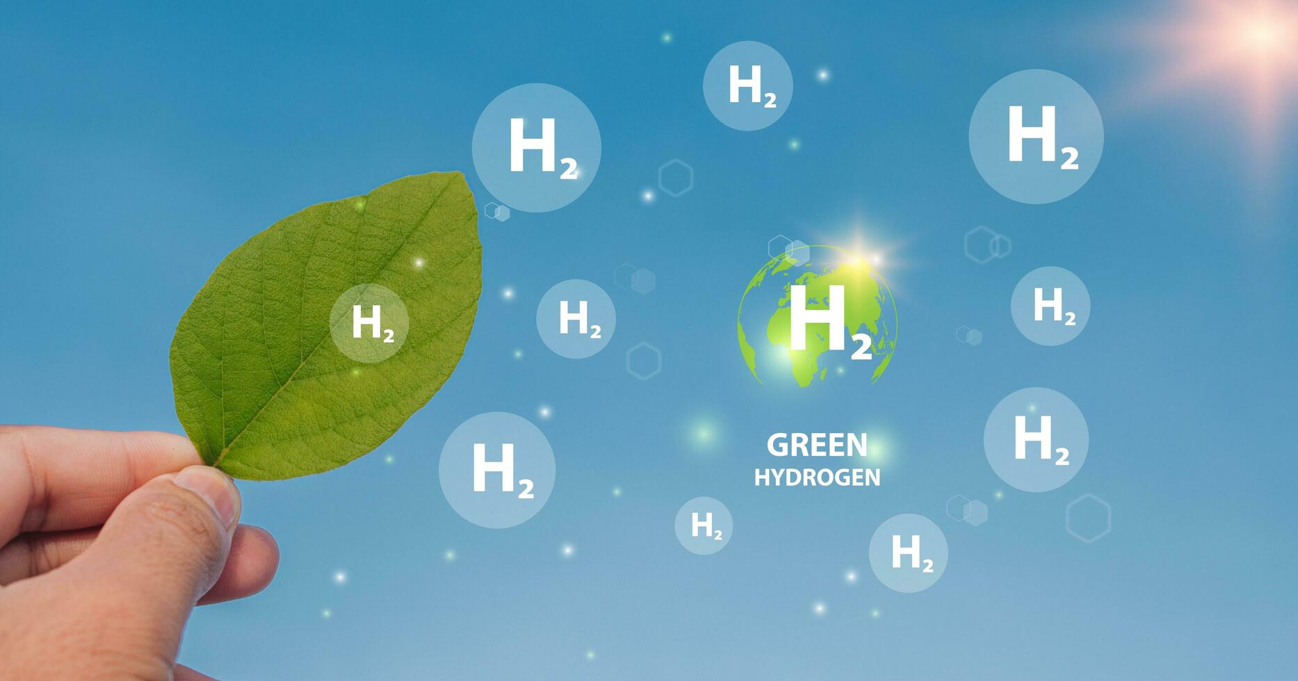 H2 hydrogen innovation zero emissions technology.Globe Glass with H2 icons. Reduce carbon dioxide and greenhouse gases production fuel station. renewable fuel green energy.Green hydrogen. photo