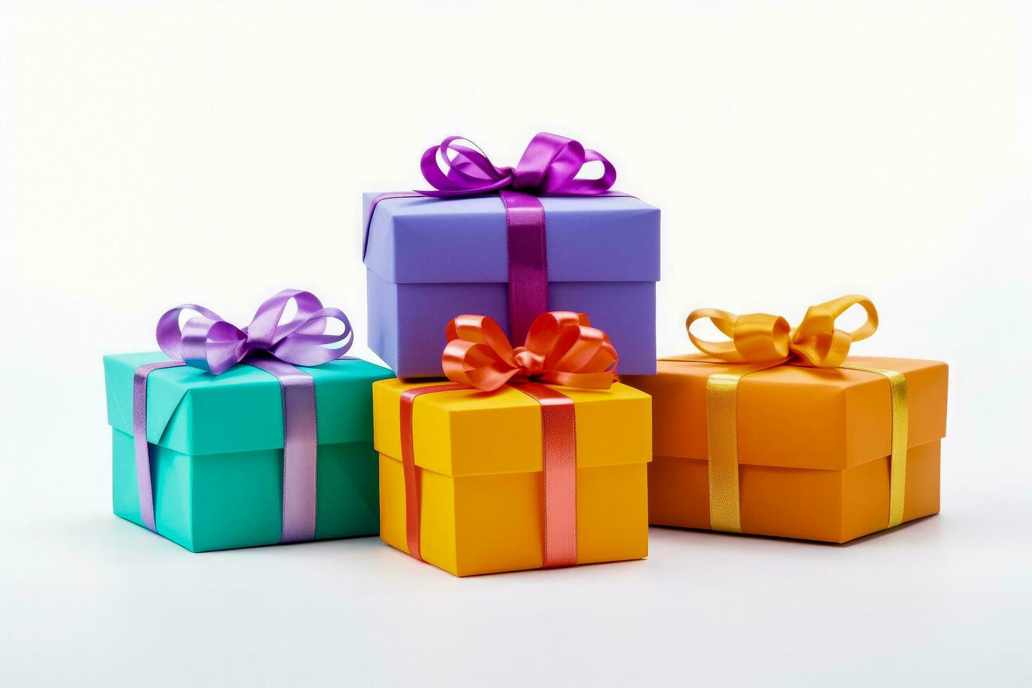 Colorful childrens Christmas gifts in minimalist style isolated on a white background photo