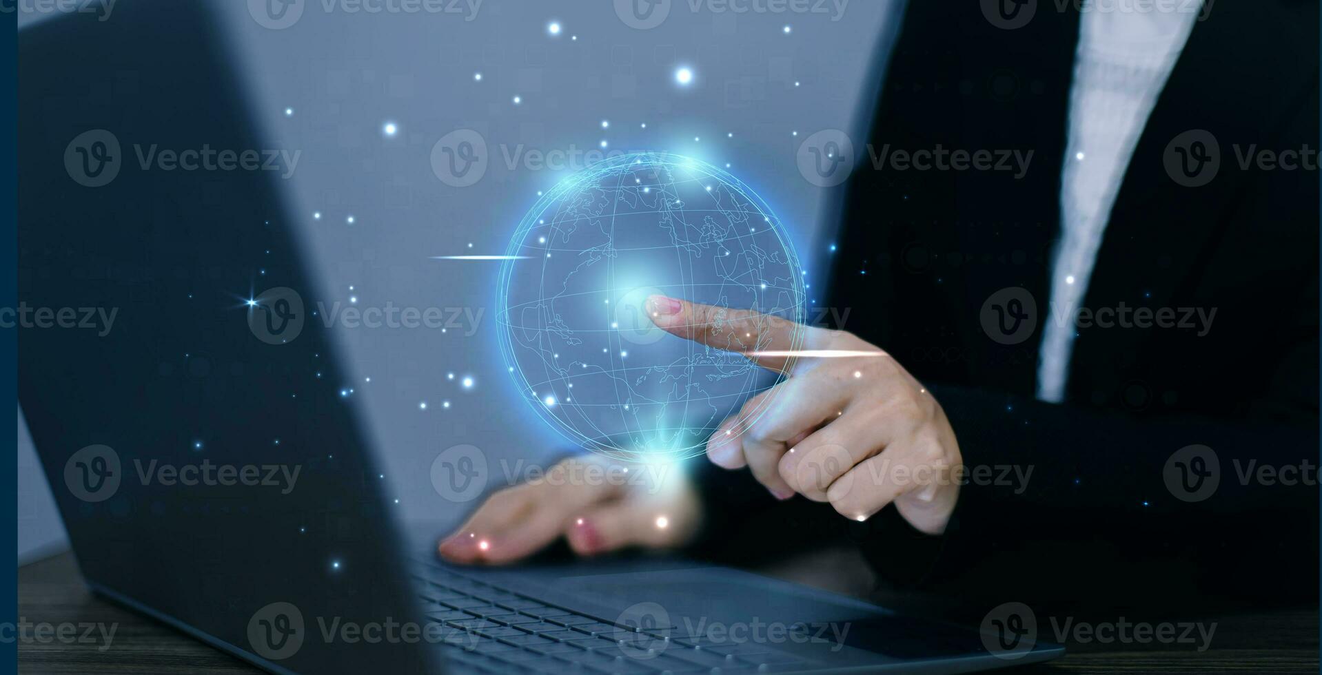 Hand touching abstract network circle technology structure. Innovation networking future worldwide global concept photo