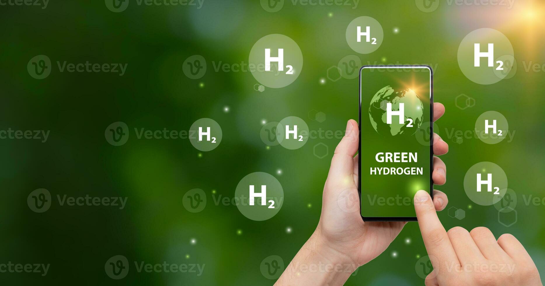 H2 hydrogen innovation zero emissions technology.Globe Glass with H2 icons. Reduce carbon dioxide and greenhouse gases production fuel station. renewable fuel green energy.Green hydrogen. photo