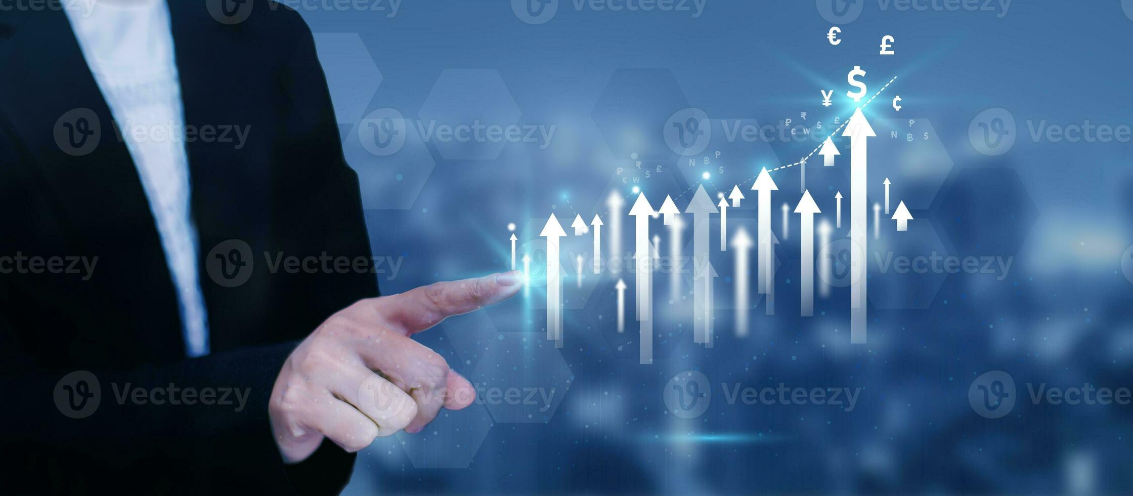 Analysis profitability of working companies with digital augmented reality graphics, positive indicators businesswoman calculates financial data for long-term investments. photo
