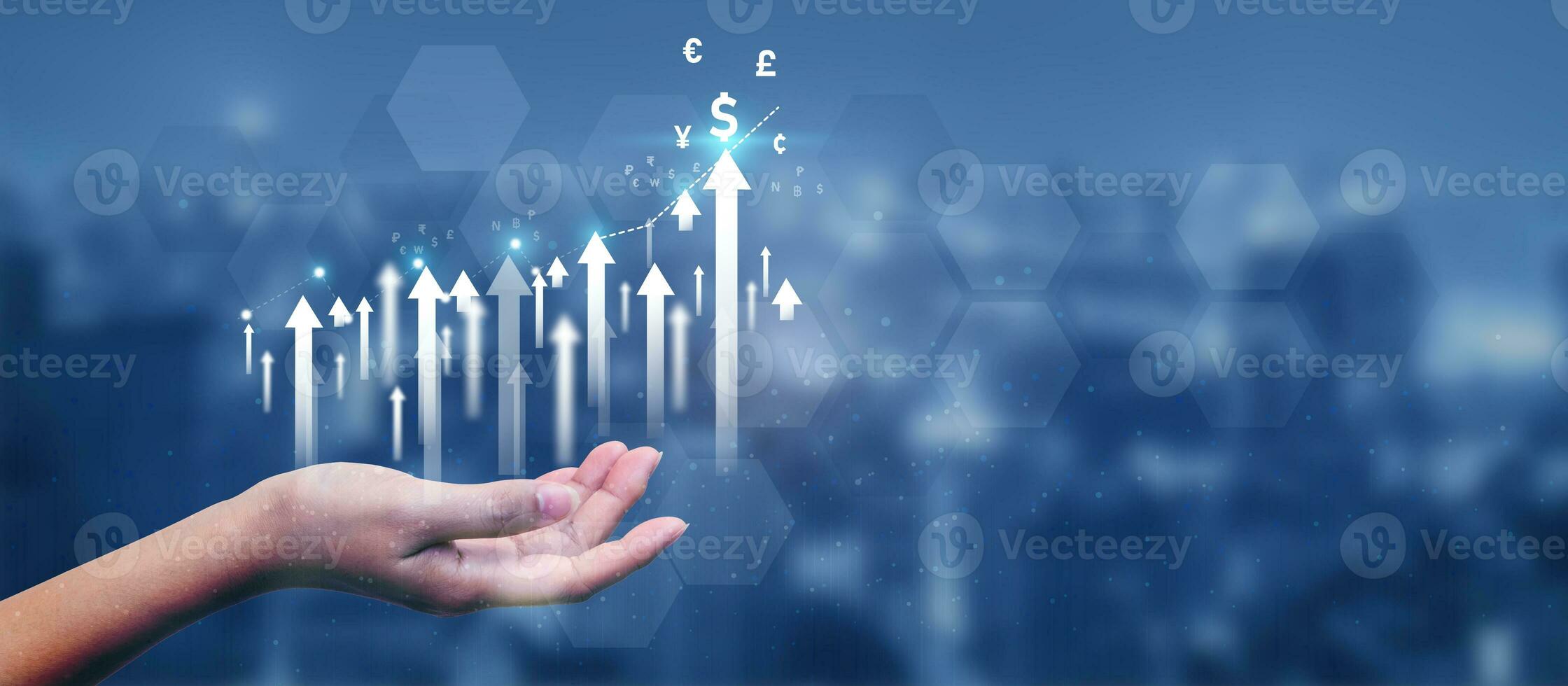 Analysis profitability of working companies with digital augmented reality graphics, positive indicators businesswoman calculates financial data for long-term investments. photo