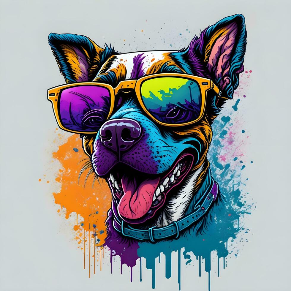 colorful graffiti of a funny dog wearing a shirt and sunglasses. printable design for t-shirt photo