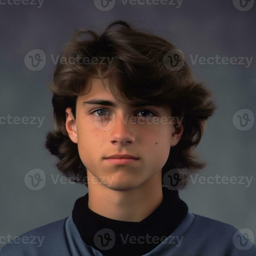 15 años antiguo chico, marrón sucio cabello, vistiendo un azul suéter tipo con cuello de tortuga suéter en contra un oscuro gris antecedentes - ai generativo foto