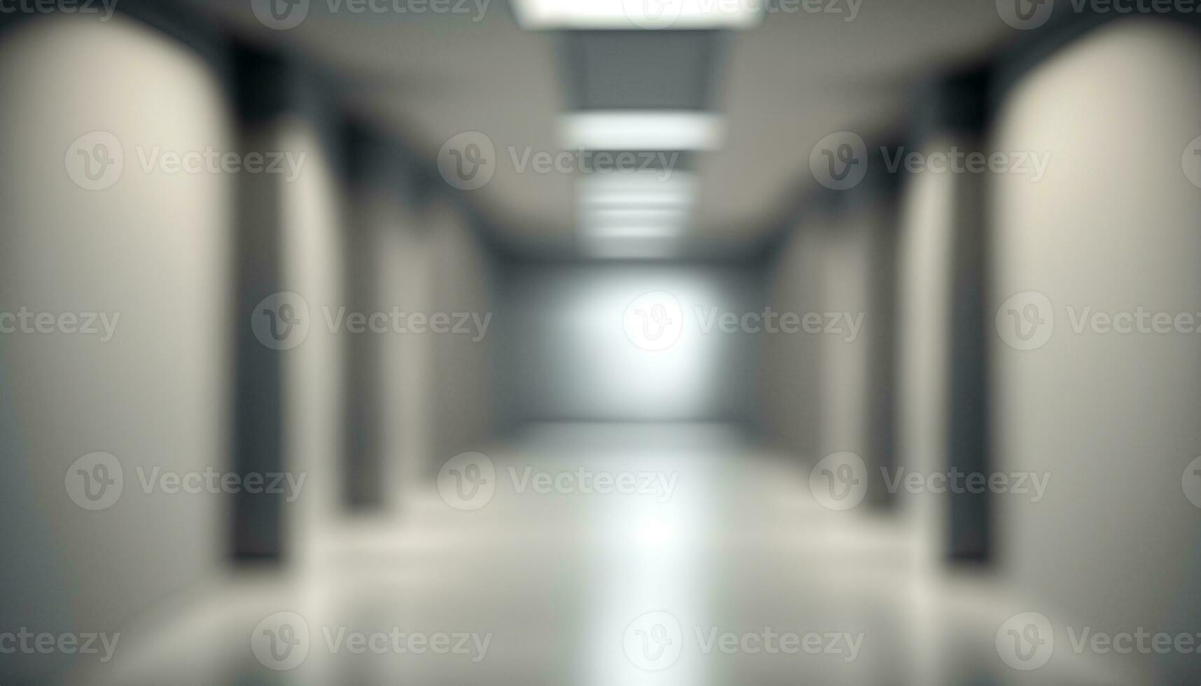 A long, empty corridor hallway with a gray floor and walls, of modern white office building with entrance door, Business blurred background - Ai Generative photo