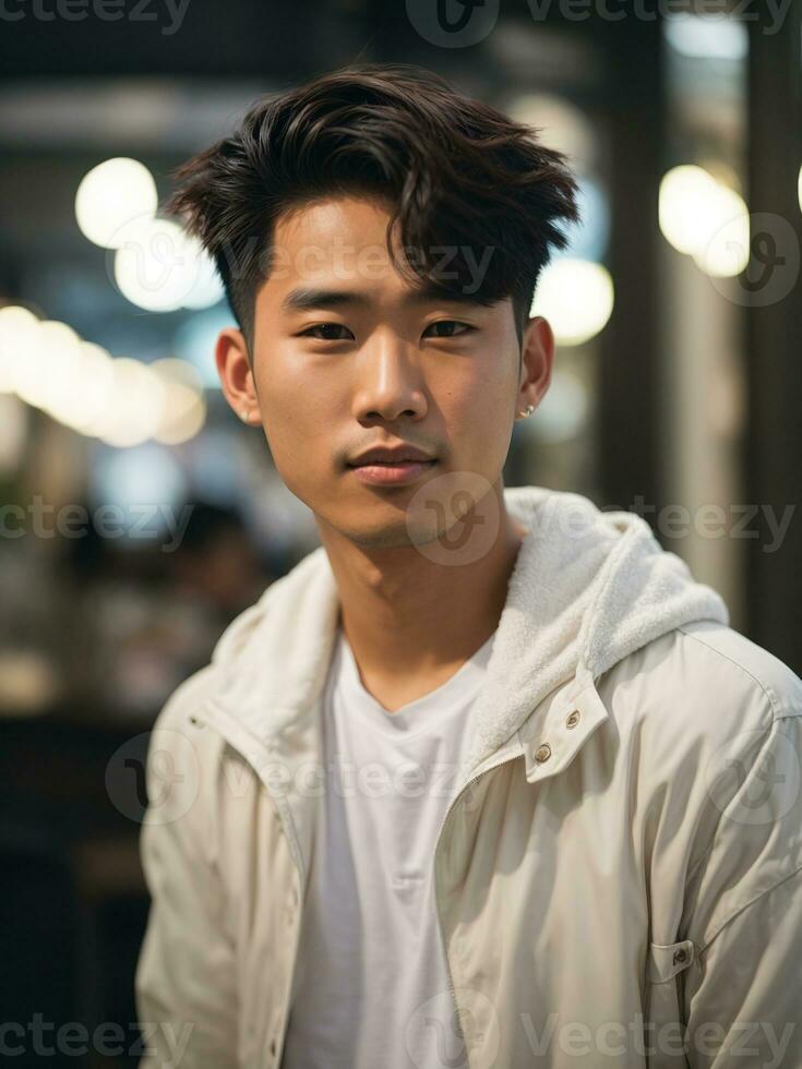 Portrait of a young happy Asian man, wearing a white jacket - Ai Generative photo