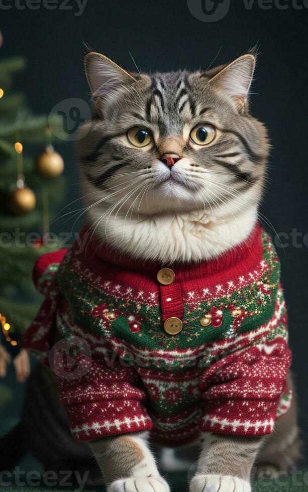 Potrait of a grey tabby cat, wearing a red Christmas sweater, decorated Christmas tree - Ai Generative photo