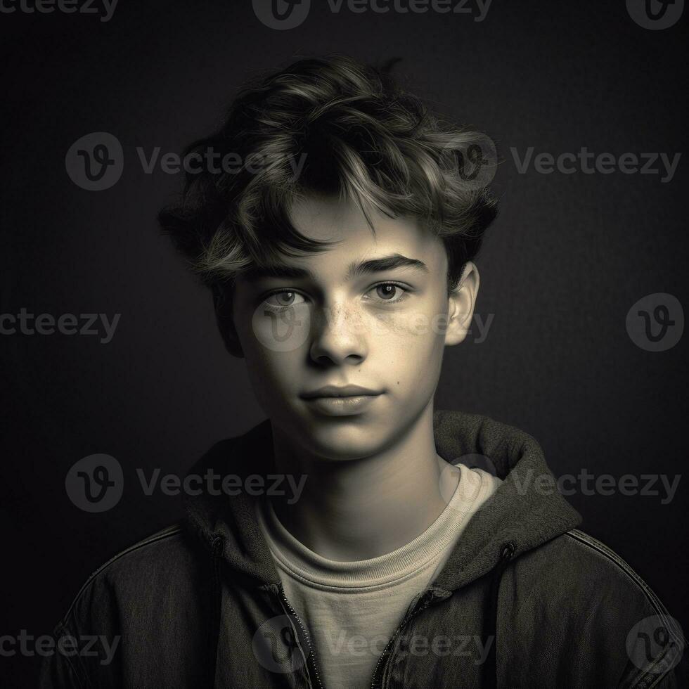 Black and white photo of a 15 years old boy from the 80s, wearing a hoodie and a t-shirt -  Ai Generative