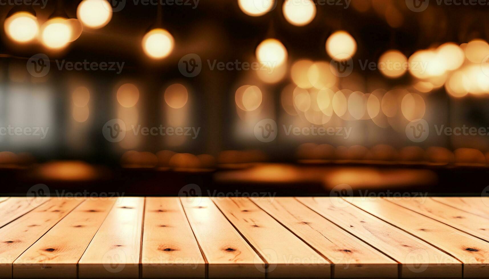 vacío de madera mesa parte superior con un borroso antecedentes de un restaurante o bar, luces y Bokeh, calentar y atractivo estado animico - ai generativo foto